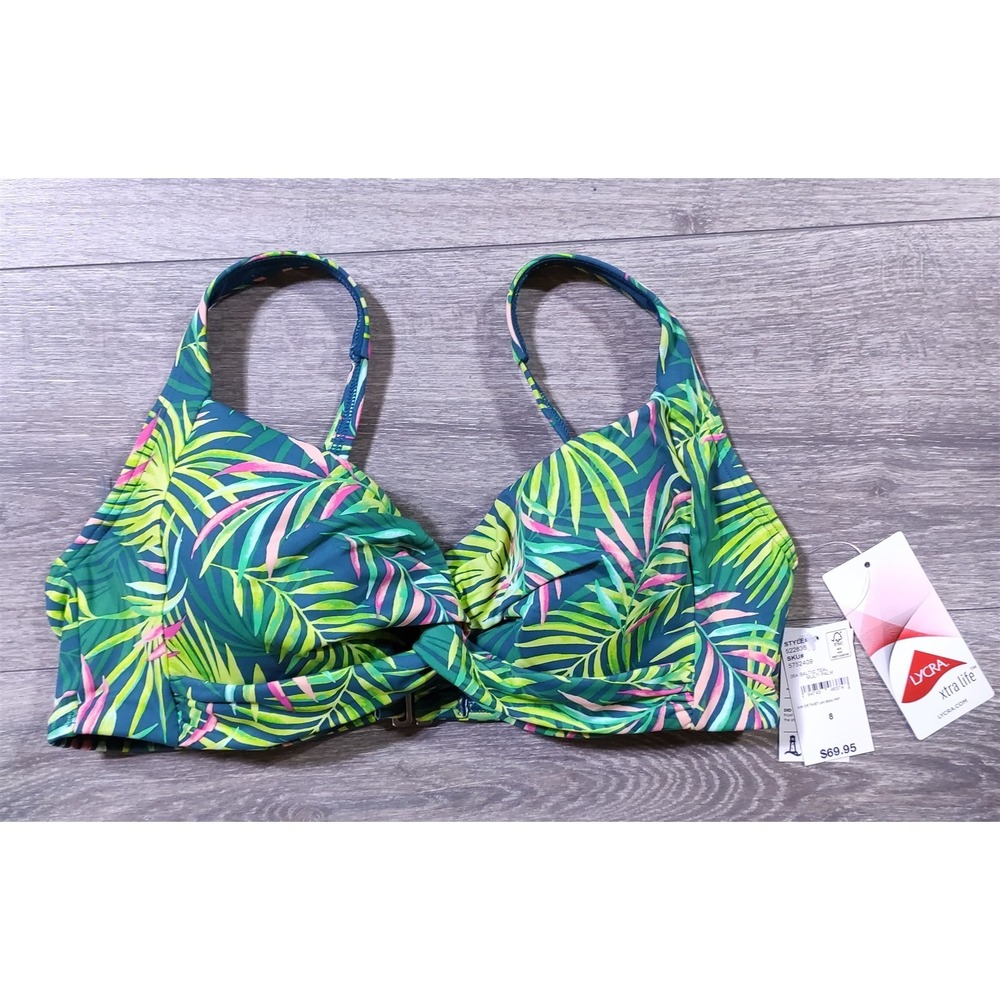 Lands End Swim Top Women Size 8 Green Floral Twisted Front Underwire Bikini Top
